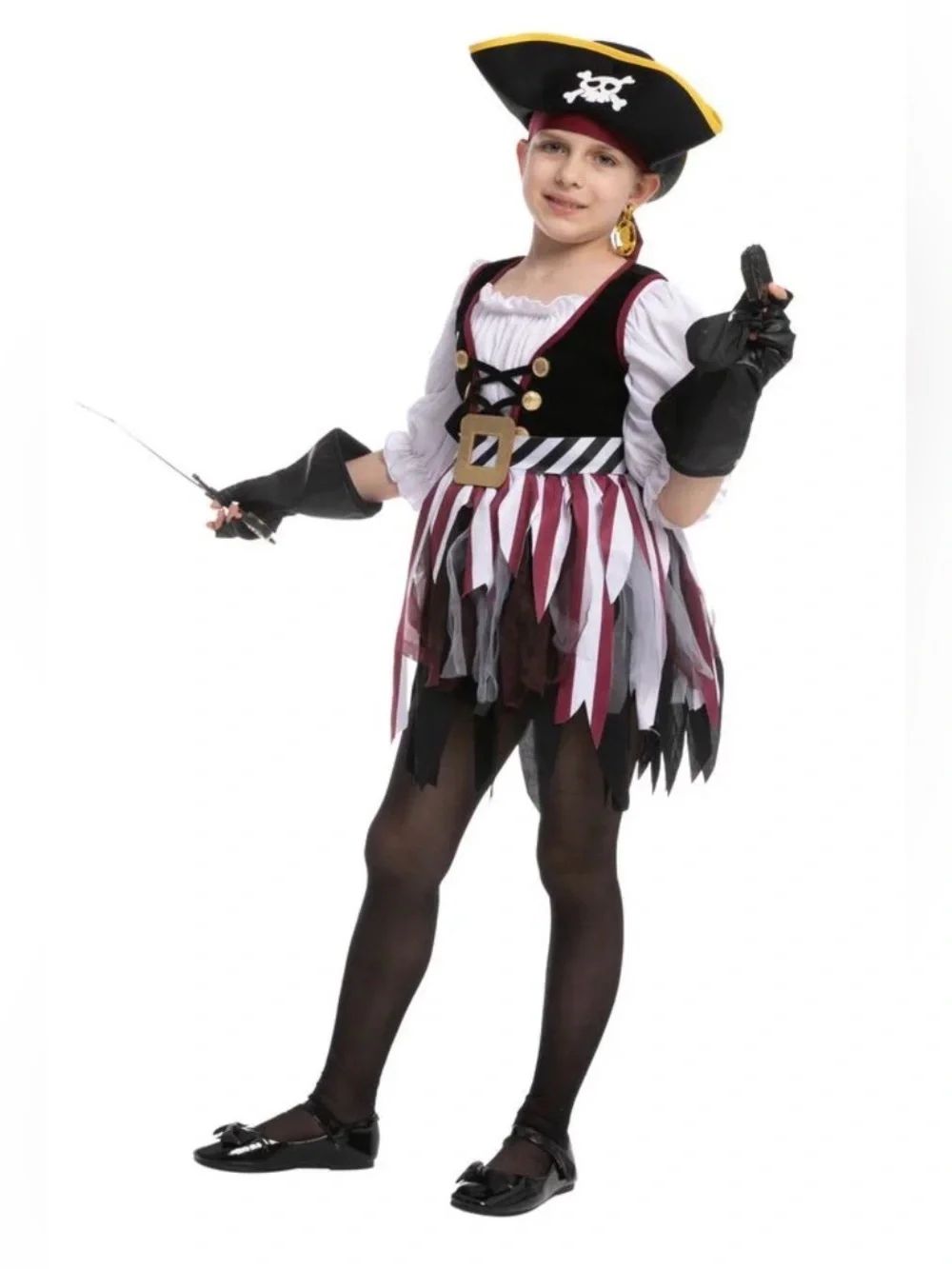 Kids Pirate Costume Dress in Black, White & Burgundy - Brand: Spooktacular S